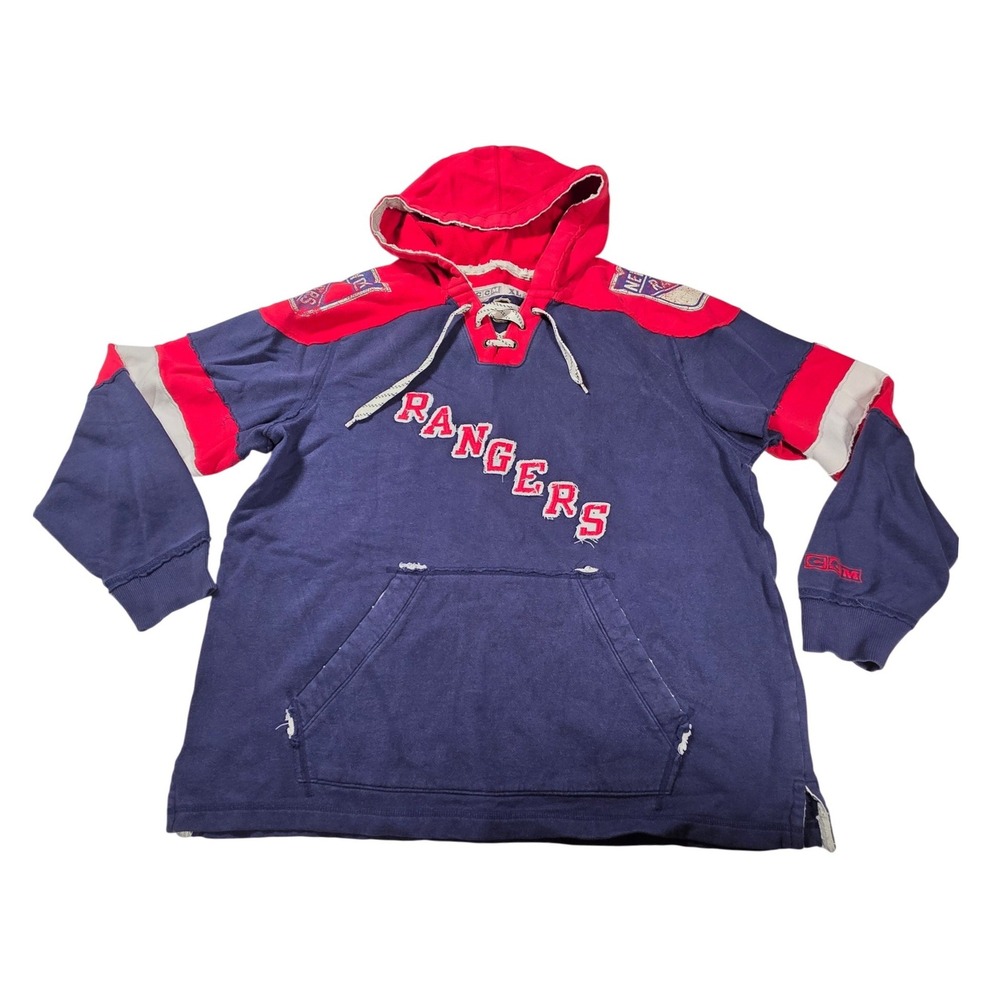 Vintage CCM New York Rangers Lace Up Hoodie XL Navy Red NHL Hockey Distressed